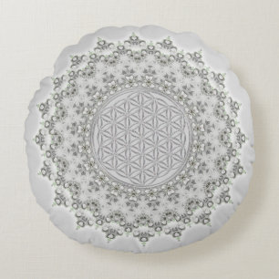 Almofada Redonda Flor da Vida - cinza Fractal Mandala verde