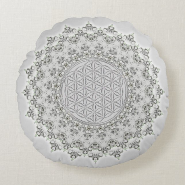 Almofada Redonda Flor da Vida - cinza Fractal Mandala verde (Frente)