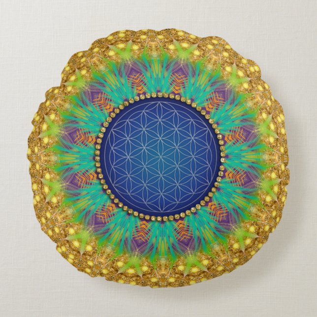 Almofada Redonda Flor da Vida Cores Vibrantes Dourado Azul Marinho (Frente)