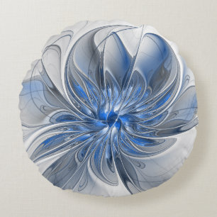 Almofada Redonda Flor de Arte Fracionada com Cinza Azul abstrato