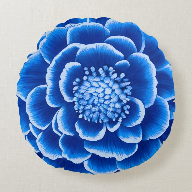 Almofada Redonda Flor de Dahlia Azul Grande (Frente)