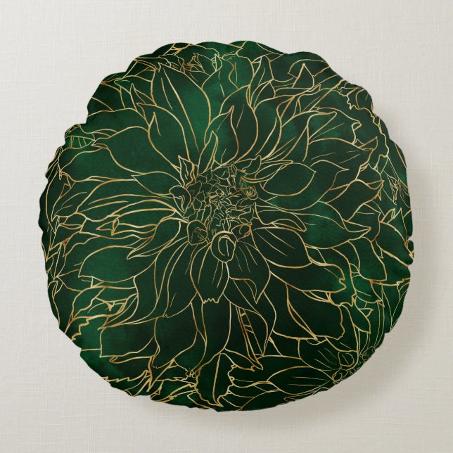 Almofada Redonda Flor de Dália Dourada e Verde (Frente)