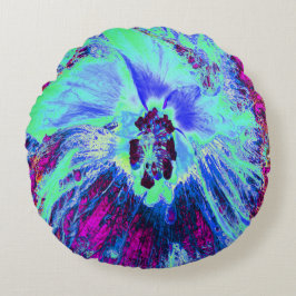 Almofada Redonda Flor de Hibisco Azul e Verde Retroativo Psicodélic