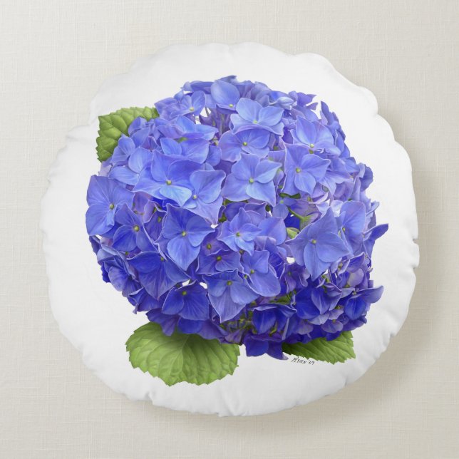 Almofada Redonda Flor de Hydrangea Azul (Frente)