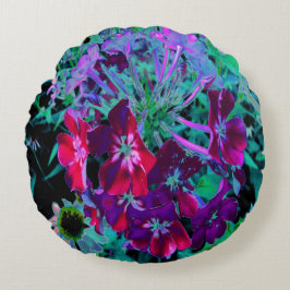 Almofada Redonda Flor de Jardim Vermelho, Púrpura e Rosa Dramática