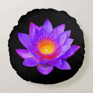 Almofada Redonda Flor de Lótus Violeta em Preto