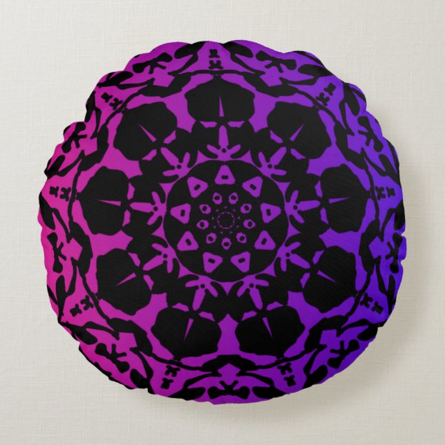 Almofada Redonda flor de mandala rosa e roxa (Frente)