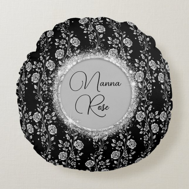 Almofada Redonda Flor de Prata Chic Personalizada a Preto (Frente)