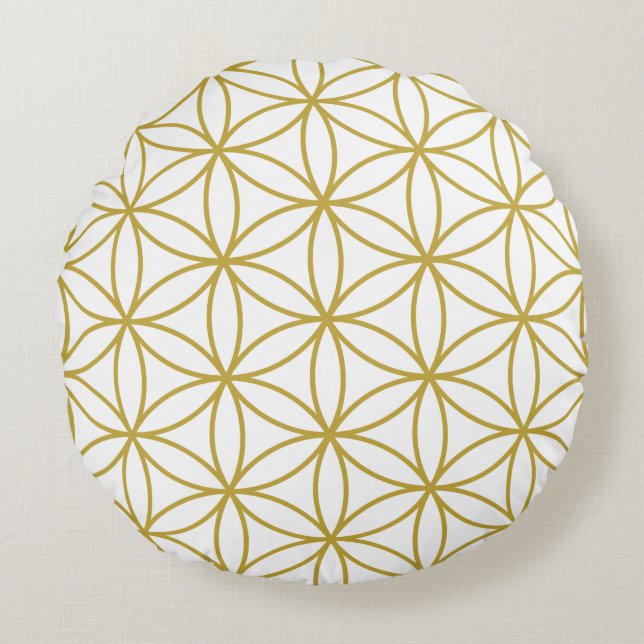 Almofada Redonda Flor de Vida (2-Way) Grande Ptn - Branco e Dourado (Frente)