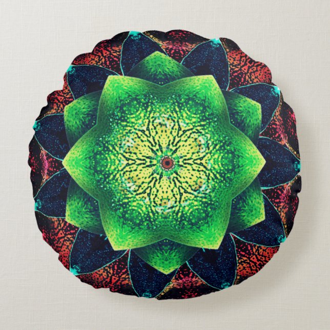 Almofada Redonda Flor digital escura e esbranquiçada sobre vermelho (Frente)