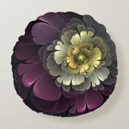 Almofada Redonda Flor Fractal Abstrata Moderna Purpur Khaki Cinza