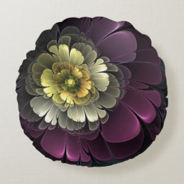 Almofada Redonda Flor Fractal Abstrata Moderna Purpur Khaki Cinza