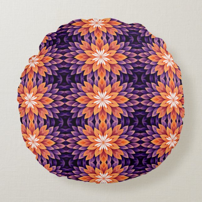 Almofada Redonda Flor Laranja Roxo e Branco (Frente)