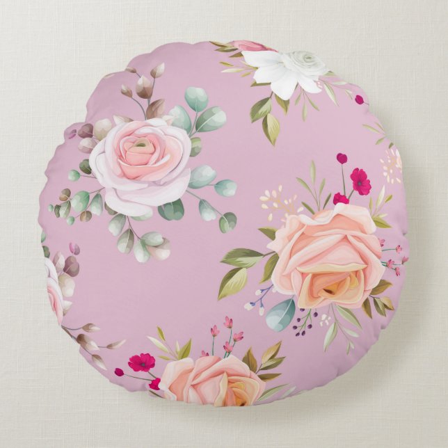 Almofada Redonda Flor rosa-chic elegante (Frente)