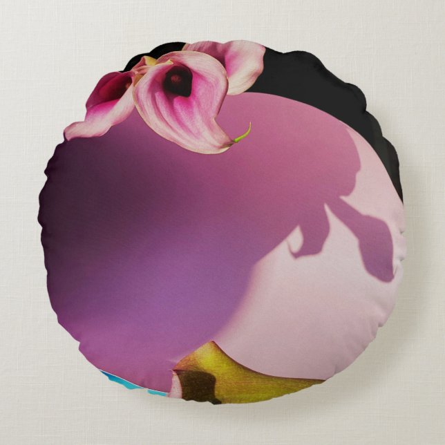 Almofada Redonda Flor rosa e amarela em papel rosa (Frente)