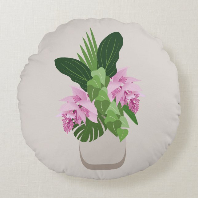 Almofada Redonda Flor rosa Tropical Medinilla em Beige Vase (Frente)