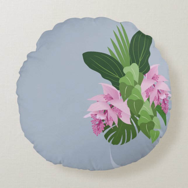 Almofada Redonda Flor rosa Tropical Medinilla Rosa em Nome de Vaso  (Frente)