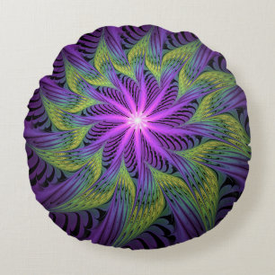 Almofada Redonda Flor Verde Roxo, Abstrato, Arte Fractal