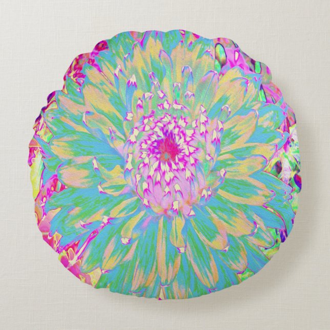 Almofada Redonda Flor Verde-Teal-Quente e Dália Rosa-Quente (Frente)