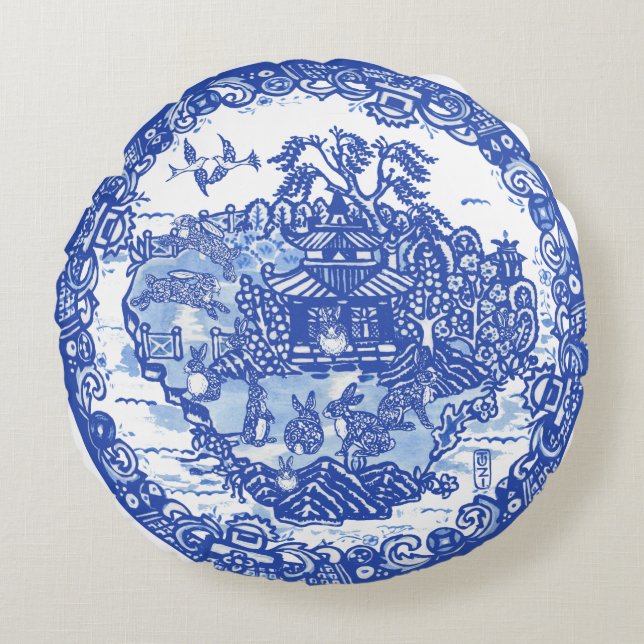 Almofada Redonda Flora de Coelho Selvagem Azul FloraI Ilha de Anima (Frente)