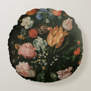 Almofada Redonda Floral Barroco Vintage, Vaso de Flores em um Nicho