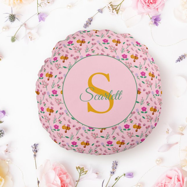 Almofada Redonda Floral Bee Flores Padrão Monograma Nome (Criador carregado)
