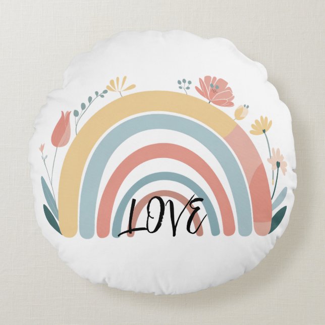 Almofada Redonda Floral Boho Rainbow Round Throw Pillow (Frente)