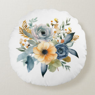 Almofada Redonda Floral Botânico Amarelo Azul Aguarela de Flores Si