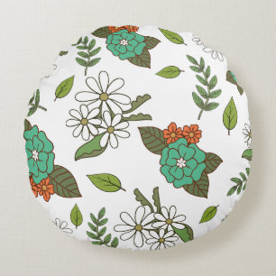 Almofada Redonda Floral Branco e Verde Retro