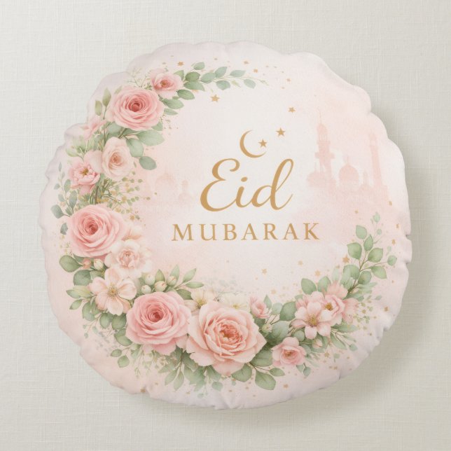 Almofada Redonda Floral Eid Mubarak – Presente Islâmico Rosa Bege (Frente)