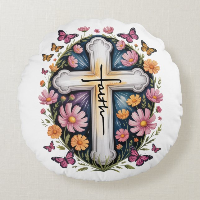 Almofada Redonda Floral Faith Cross (Frente)
