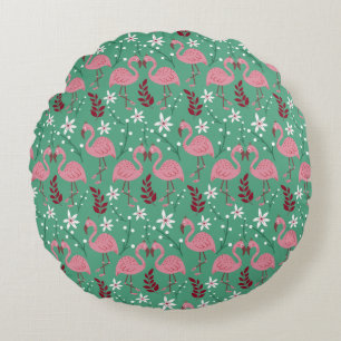 Almofada Redonda Floral flamingo sem costura, padrão rosa verde