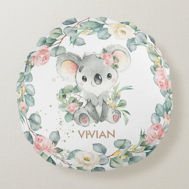Almofada Redonda Floral Greenery Koala Girl Nursery Decor (Frente)