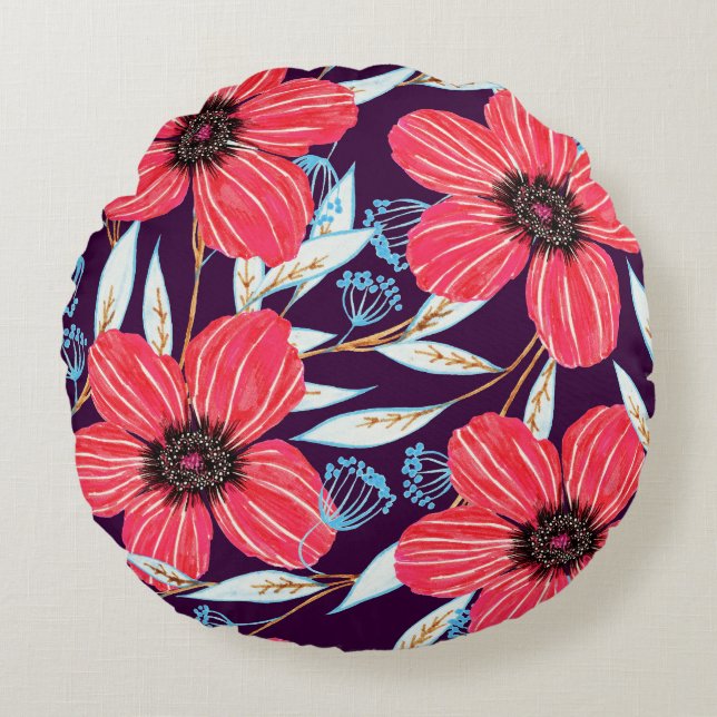 Almofada Redonda Floral Herbal Sketch, Marker Seamless. (Frente)