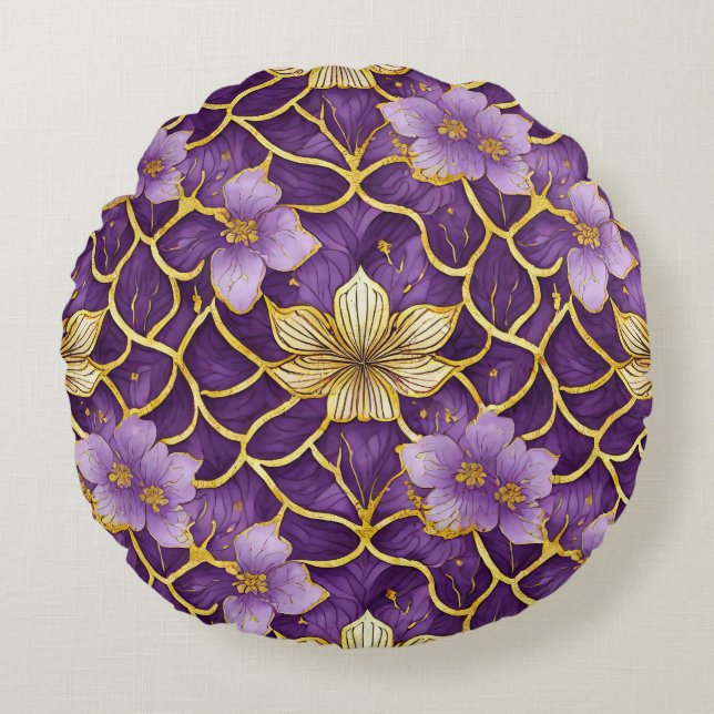 Almofada Redonda Floral Japonês Roxo Dourado (Frente)