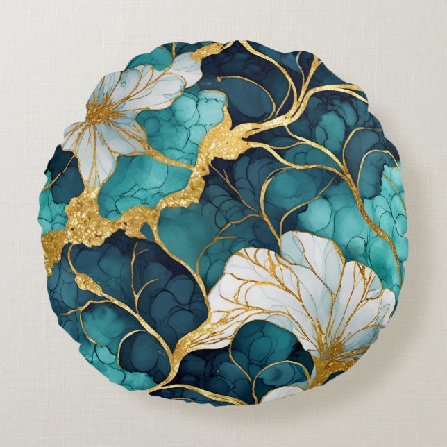Almofada Redonda Floral Japonês Verde Água Dourado (Frente)