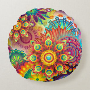 Almofada Redonda Floral Mandala Collage Psicedélico