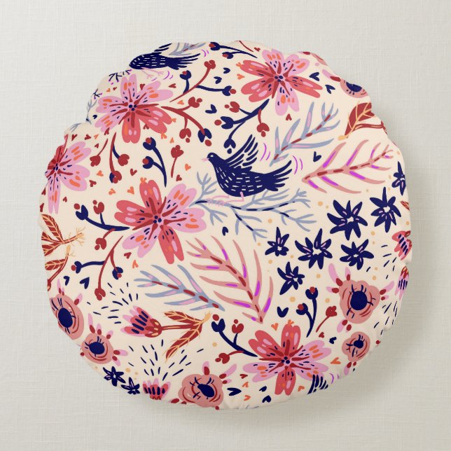 Almofada Redonda Floral, pássaros, padrão contínuo de colheita. (Frente)