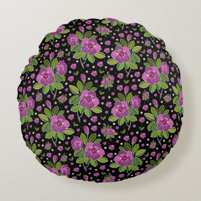 Almofada Redonda Floral Pattern Lilac Pink Green Black (Frente)