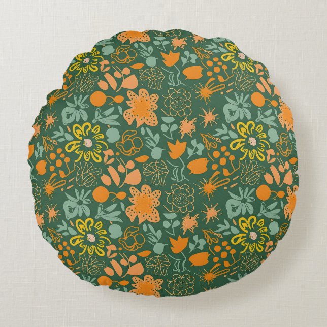 Almofada Redonda Floral pattern on a dark green background  (Frente)