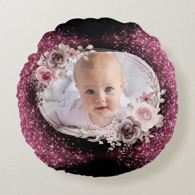 Almofada Redonda Floral Pink Gold Two Photo Baby Girl cute (Frente)