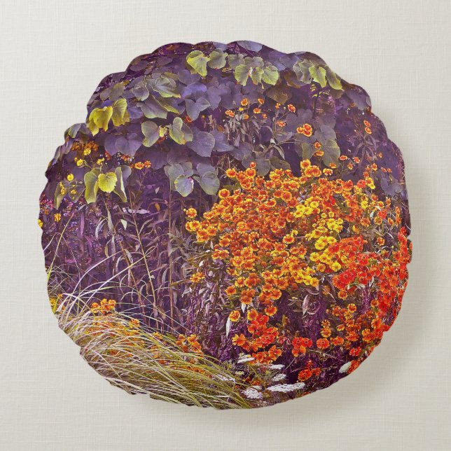 ALMOFADA REDONDA FLORAL/PLANTAS MISTURADAS, GRAUS E FLO LARANJA&AMA (Frente)