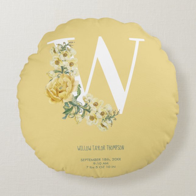 Almofada Redonda Flores Amarelas Flores Iniciais De Nascimento Do B (Frente)