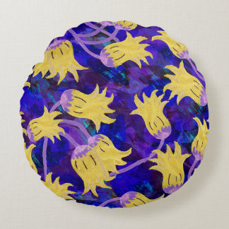Almofada Redonda Flores amarelas: trabalho de arte de aquarela de f