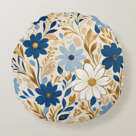 Almofada Redonda Flores azuis e brancas com folhas de ouro