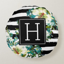 Almofada Redonda Flores Azuis e Brancas Elegantes com Monograma