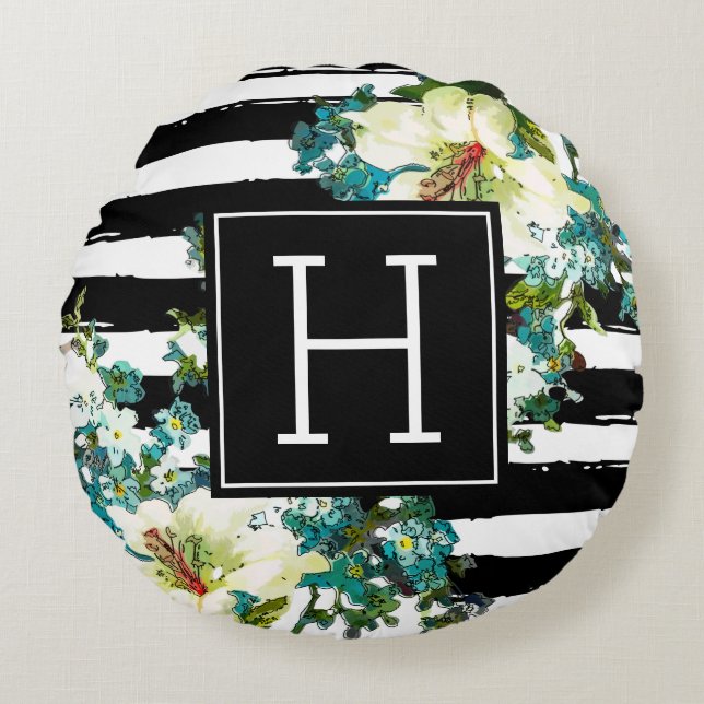 Almofada Redonda Flores Azuis e Brancas Elegantes com Monograma (Frente)