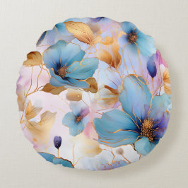Almofada Redonda Flores Azuis Eetéreas em Pastas Moles Tinta Álcool