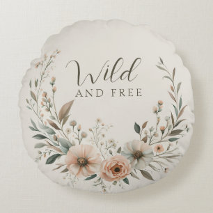 Almofada Redonda Flores Boho Minimalistas em Marfim e Bege Rosado