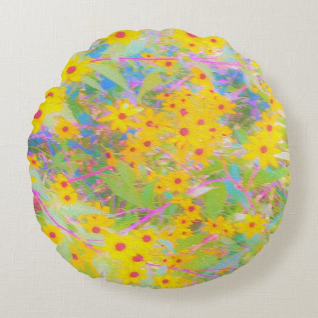 Almofada Redonda Flores bonito Amarelo e Vermelho com Turquesa (Frente)